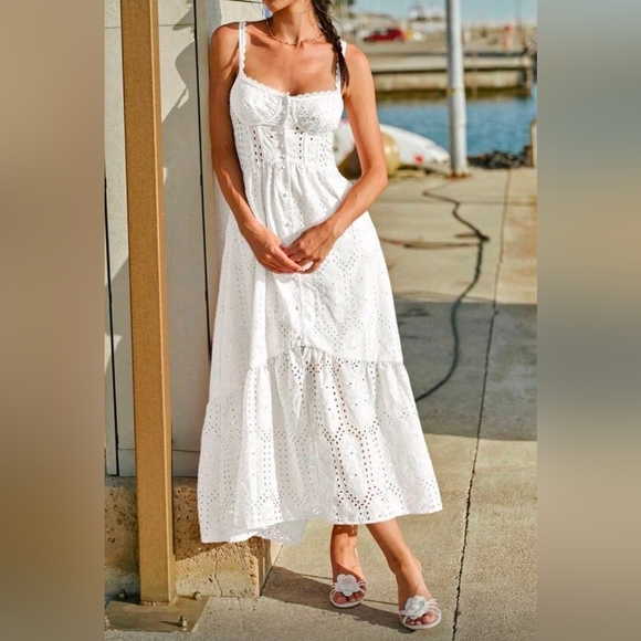 New Embroidered Eyelet Lace Bustier Corset Look Long Cami Dress White - Picture 3 of 9